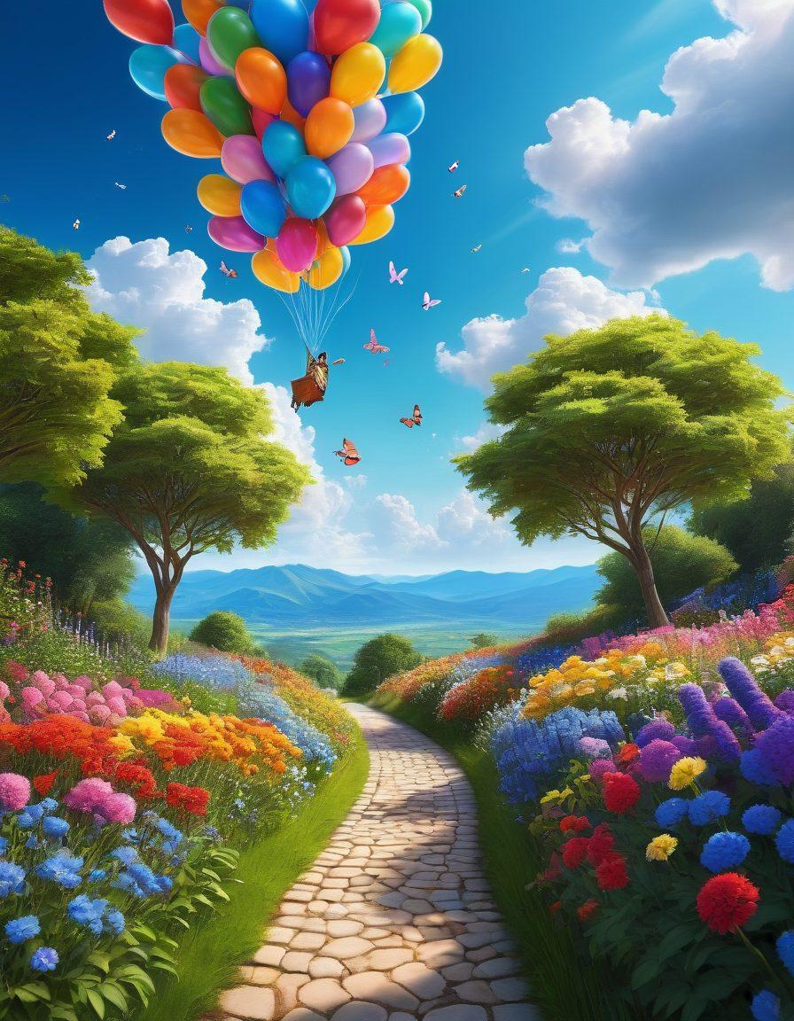A winding, colorful pathway surrounded by blooming flowers and sunny skies, with cheerful people of diverse backgrounds laughing and enjoying their journey. Include whimsical elements like butterflies and balloons to enhance the joyful atmosphere. This scene conveys positivity and exploration. vibrant colors. whimsical style. 3D.