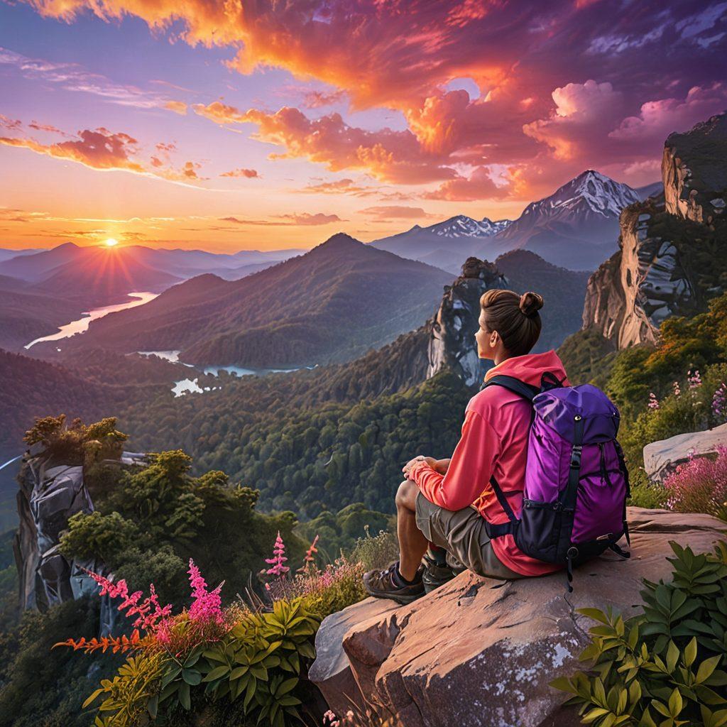 A serene landscape depicting a traveler meditating on a cliff overlooking a vibrant sunset, surrounded by lush greenery and distant mountains. Show elements of adventure like a backpack and a compass nearby to symbolize wanderlust, and include ethereal light rays to evoke a sense of bliss and well-being. Artistic style: super-realistic, vivid colors, and a touch of surrealism.