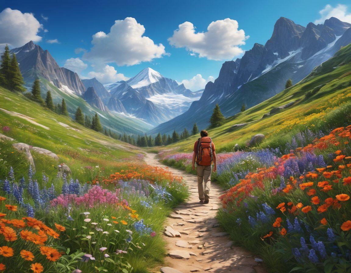 A vibrant landscape depicting a traveler joyfully exploring a picturesque destination, with a winding path leading through lush greenery, colorful wildflowers, and distant mountains under a bright blue sky. Include elements of various travel adventures, like a backpack, camera, and footprints on the path. Capture a sense of happiness and freedom. super-realistic. vibrant colors.